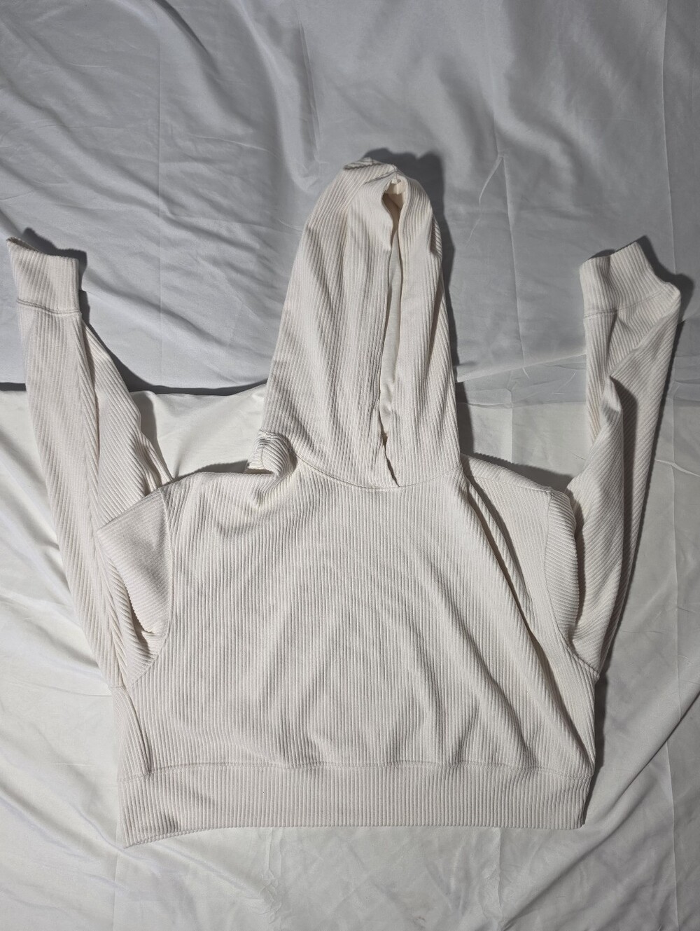 Garage Cream Ribbed Long Sleeve Cropped Pullover Hoodie